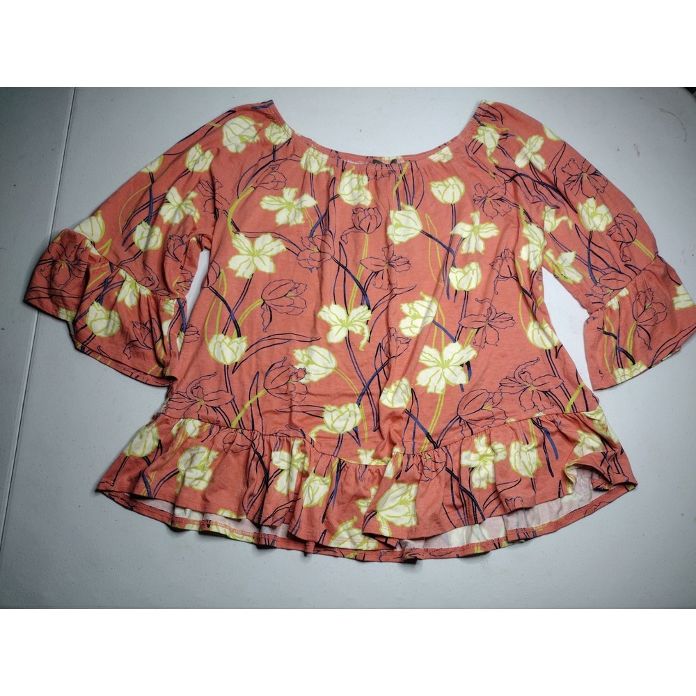 Style Co Womens Coral Floral Bell Sleeve Ruffle‎ Peplum Top Size M